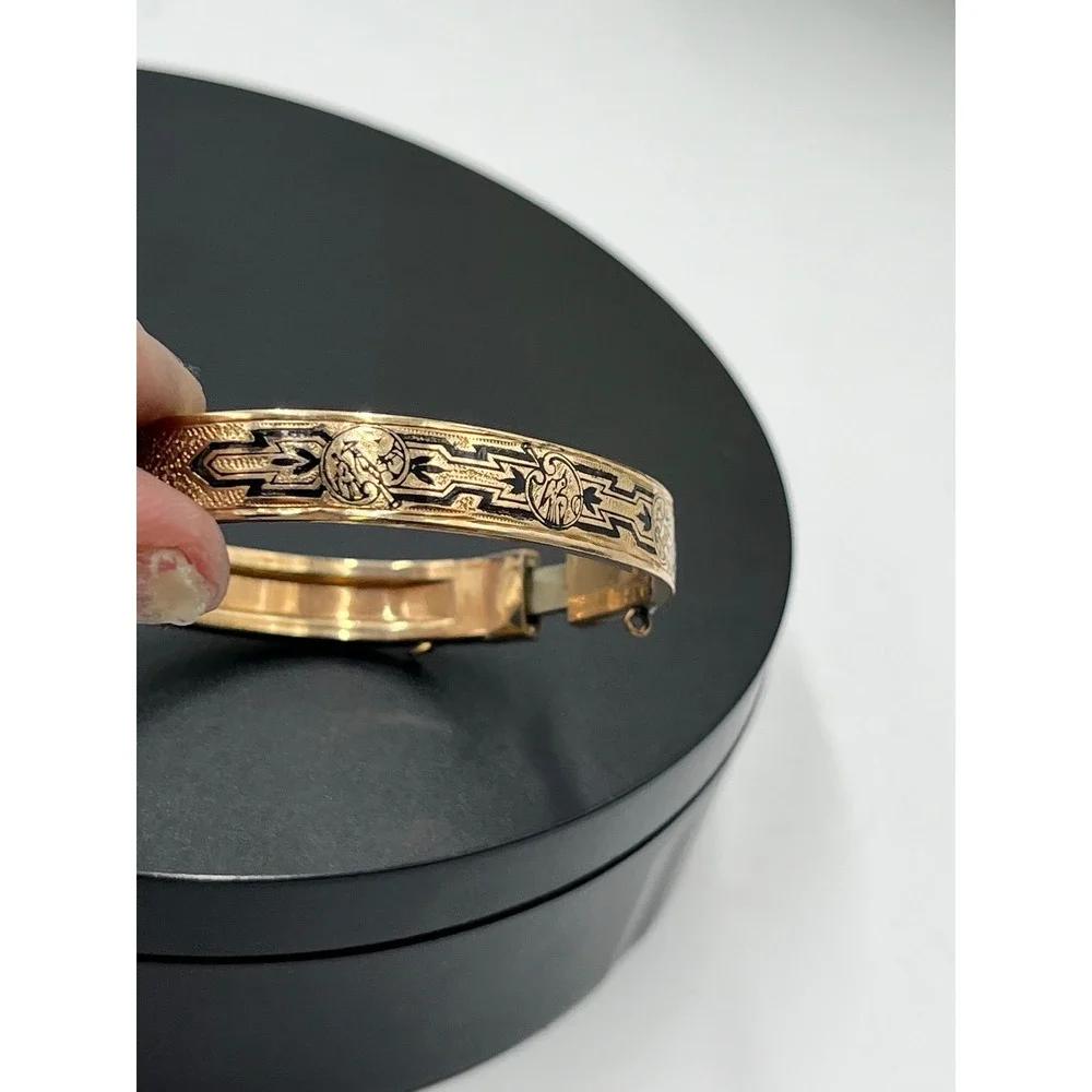 Antique Victorian Gold Filled Bracelet H&B PAT JULY 1874 Etched Floral Enamel